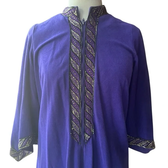 1960s Dela-Ann Metallic Trim, Asymmetrical Wrist,‎ Zip Up Velour Caftan Robe